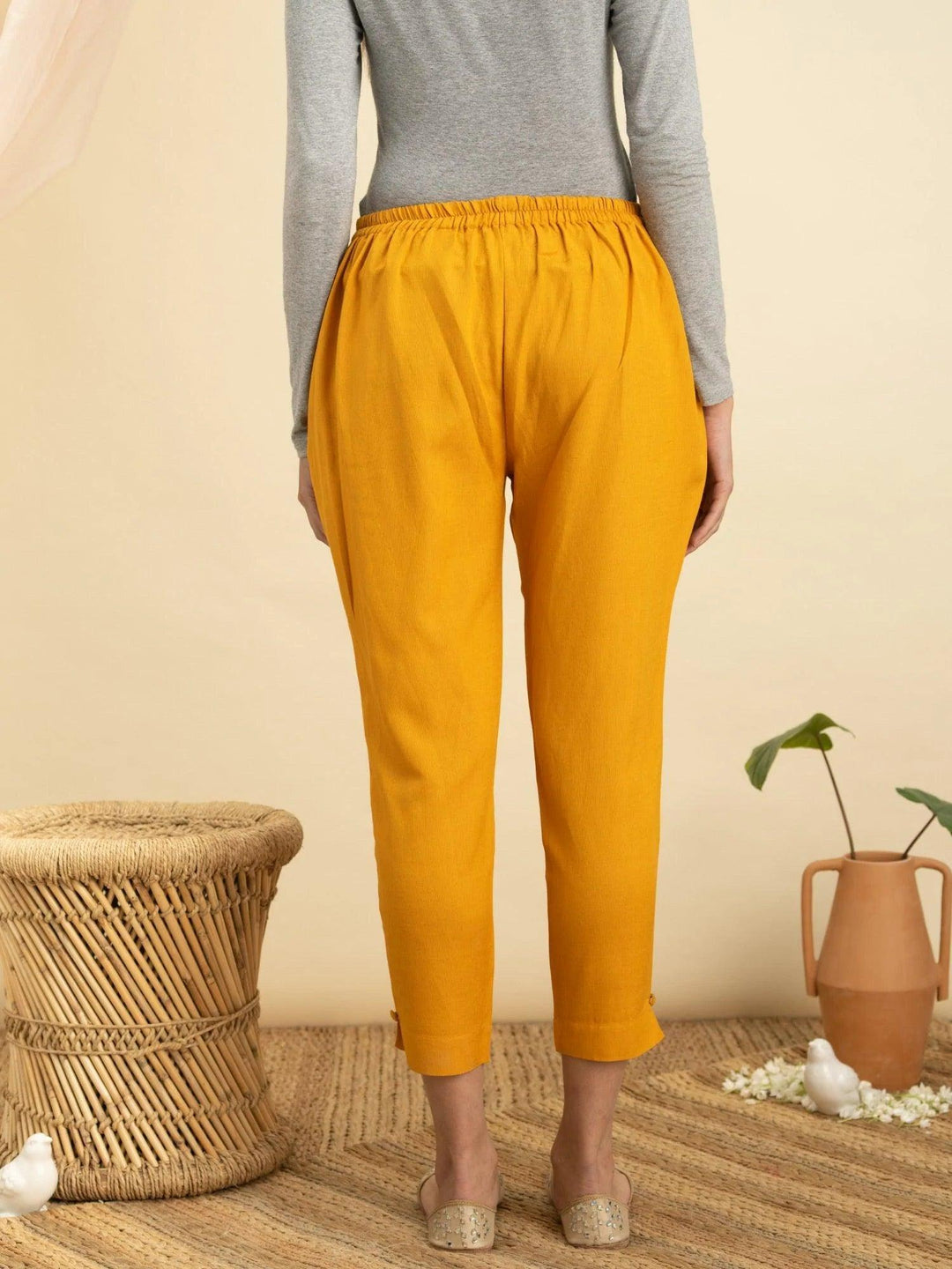 Yellow Solid Cotton Trousers - ShopLibas