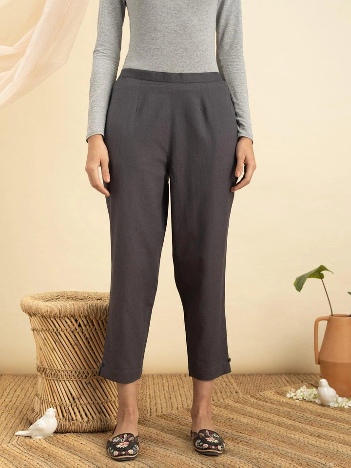 Grey Solid Cotton Trousers - ShopLibas