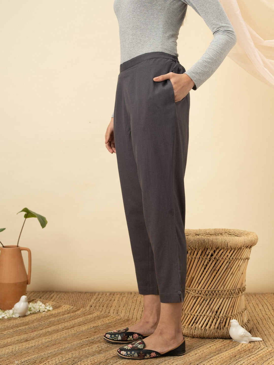 Grey Solid Cotton Trousers - ShopLibas