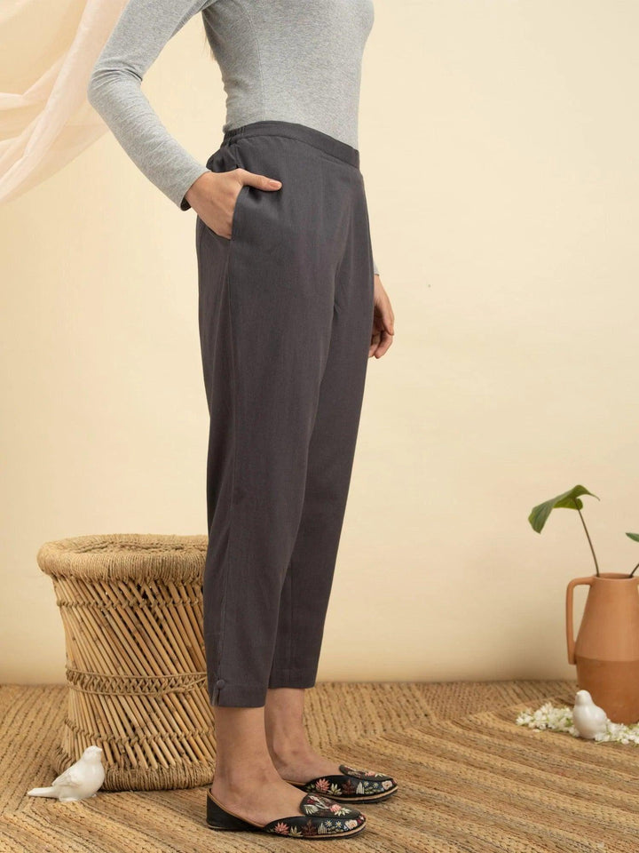 Grey Solid Cotton Trousers - ShopLibas