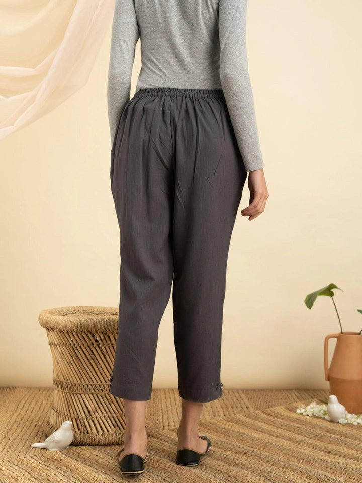 Grey Solid Cotton Trousers - ShopLibas