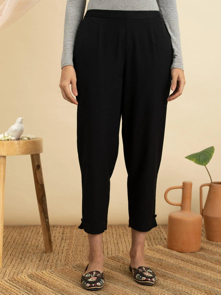 Navy Blue Solid Cotton Trousers - ShopLibas