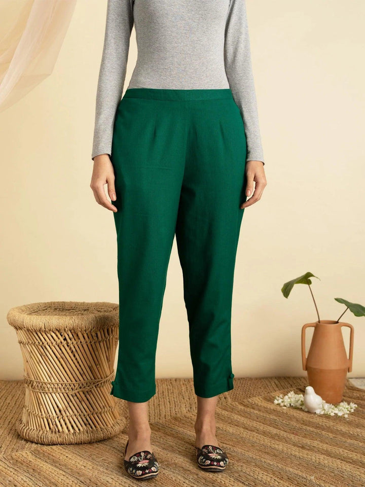 Green Solid Cotton Trousers - ShopLibas