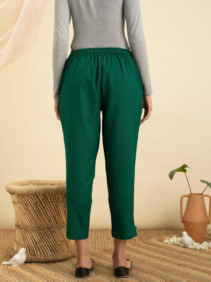 Green Solid Cotton Trousers - ShopLibas