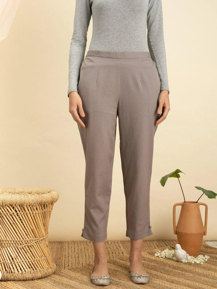 Grey Solid Cotton Trousers - ShopLibas