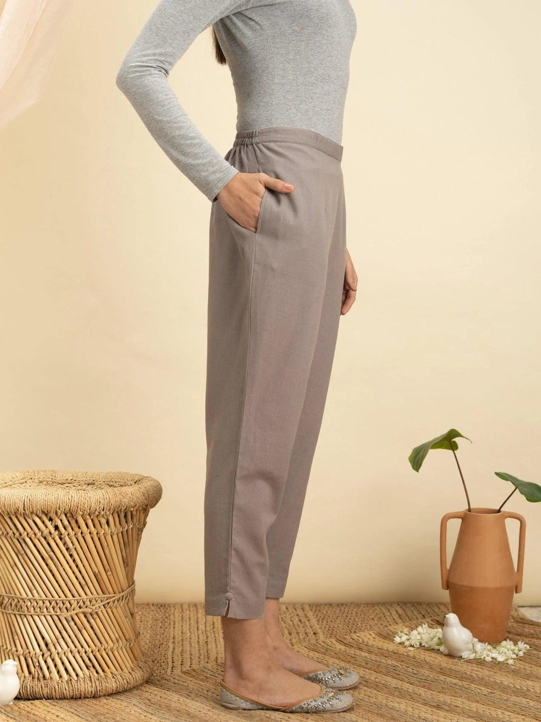 Grey Solid Cotton Trousers - ShopLibas