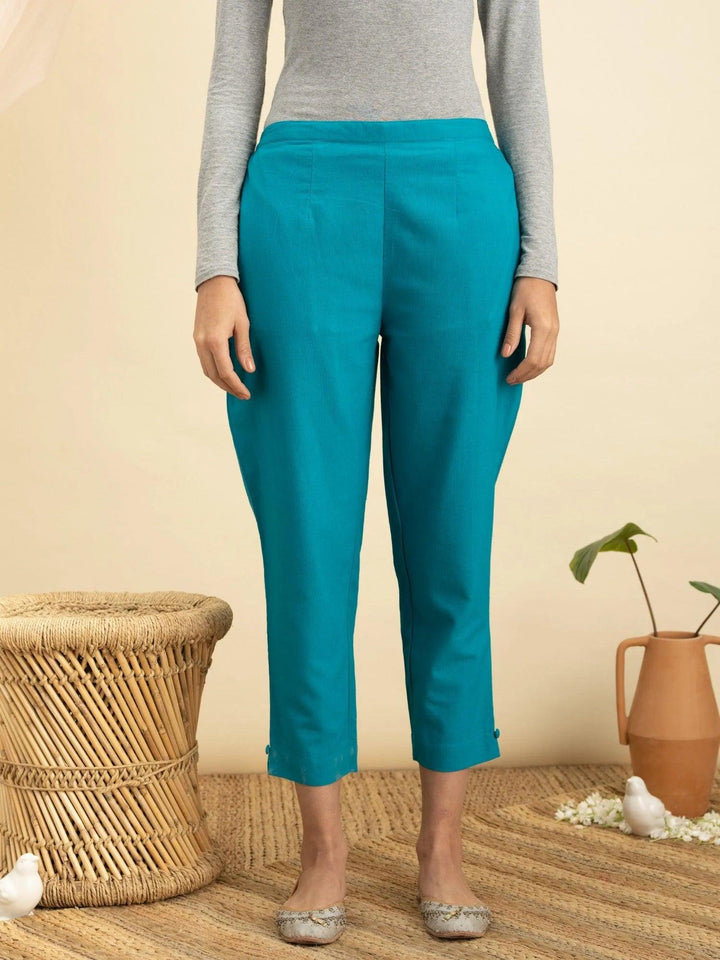 Blue Solid Cotton Trousers - ShopLibas