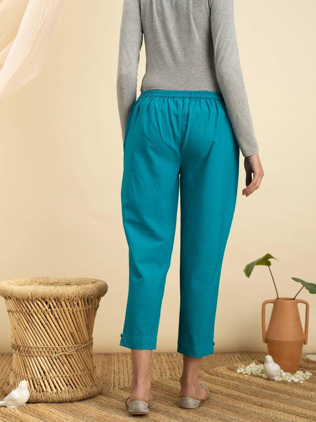 Blue Solid Cotton Trousers - ShopLibas