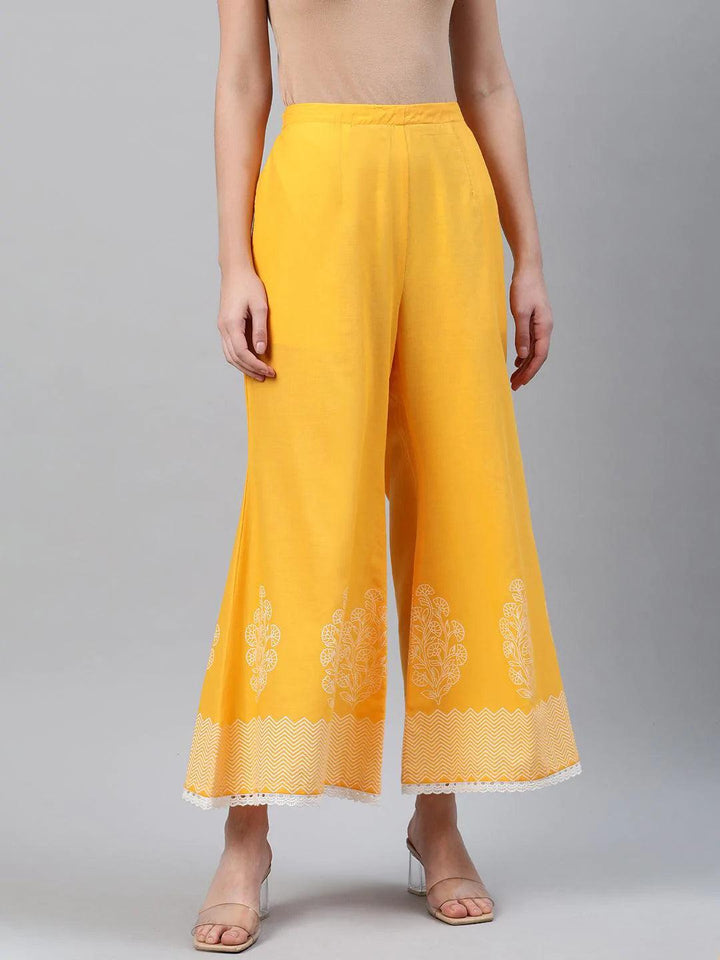 Yellow Printed Cotton Palazzos - ShopLibas