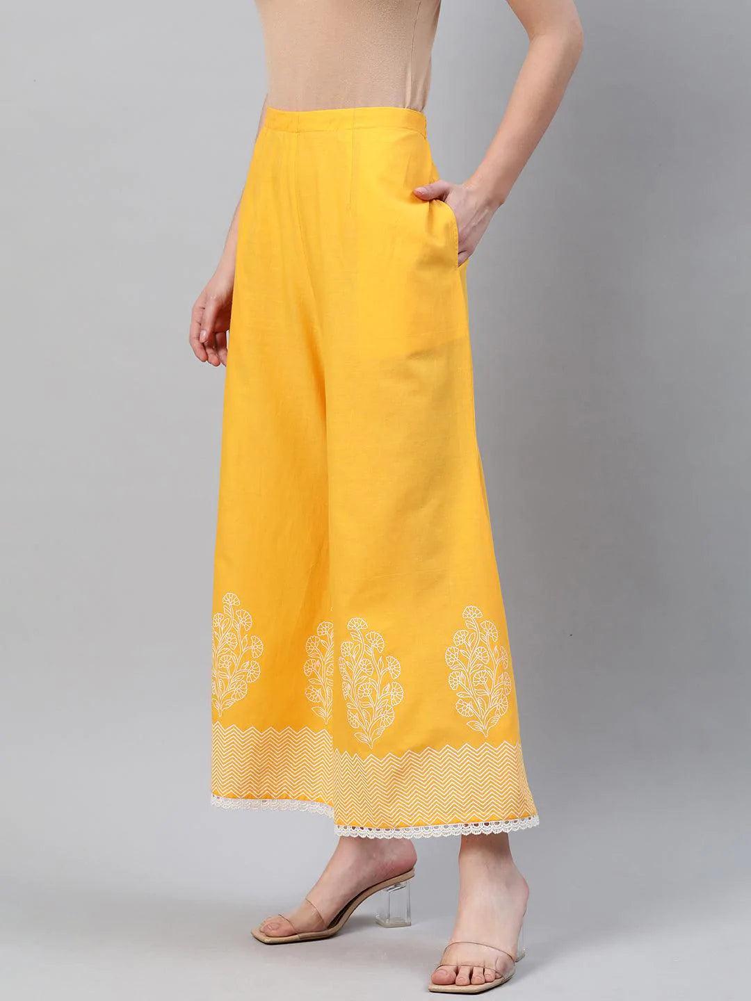 Yellow Printed Cotton Palazzos - ShopLibas