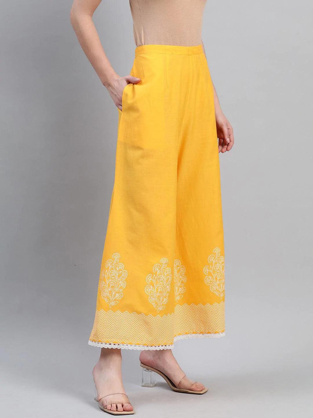 Yellow Printed Cotton Palazzos - ShopLibas