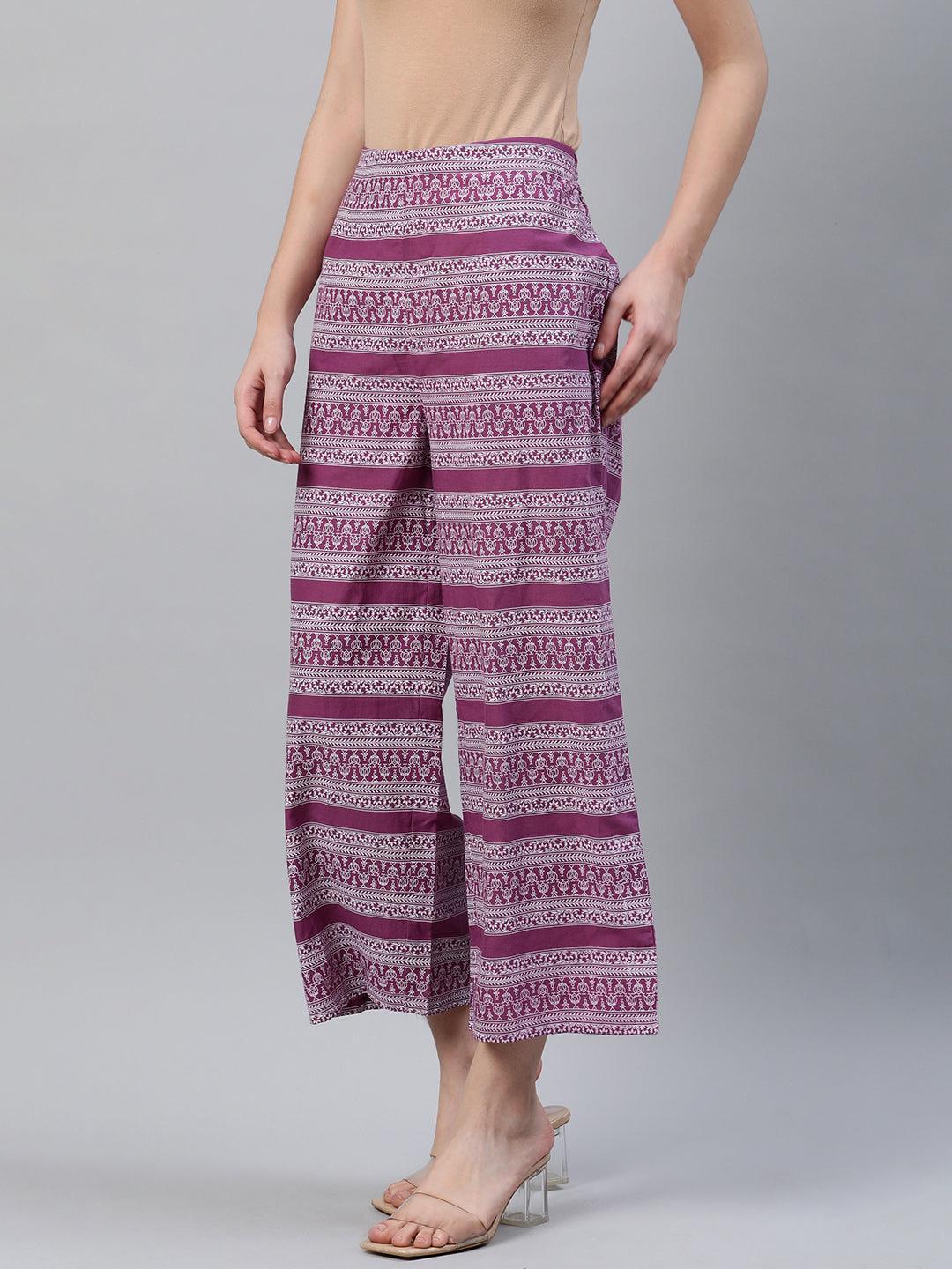 Purple Printed Cotton Palazzos - ShopLibas