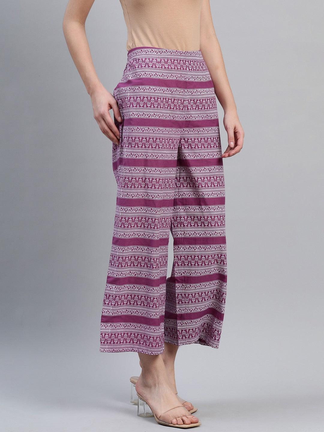 Purple Printed Cotton Palazzos - ShopLibas