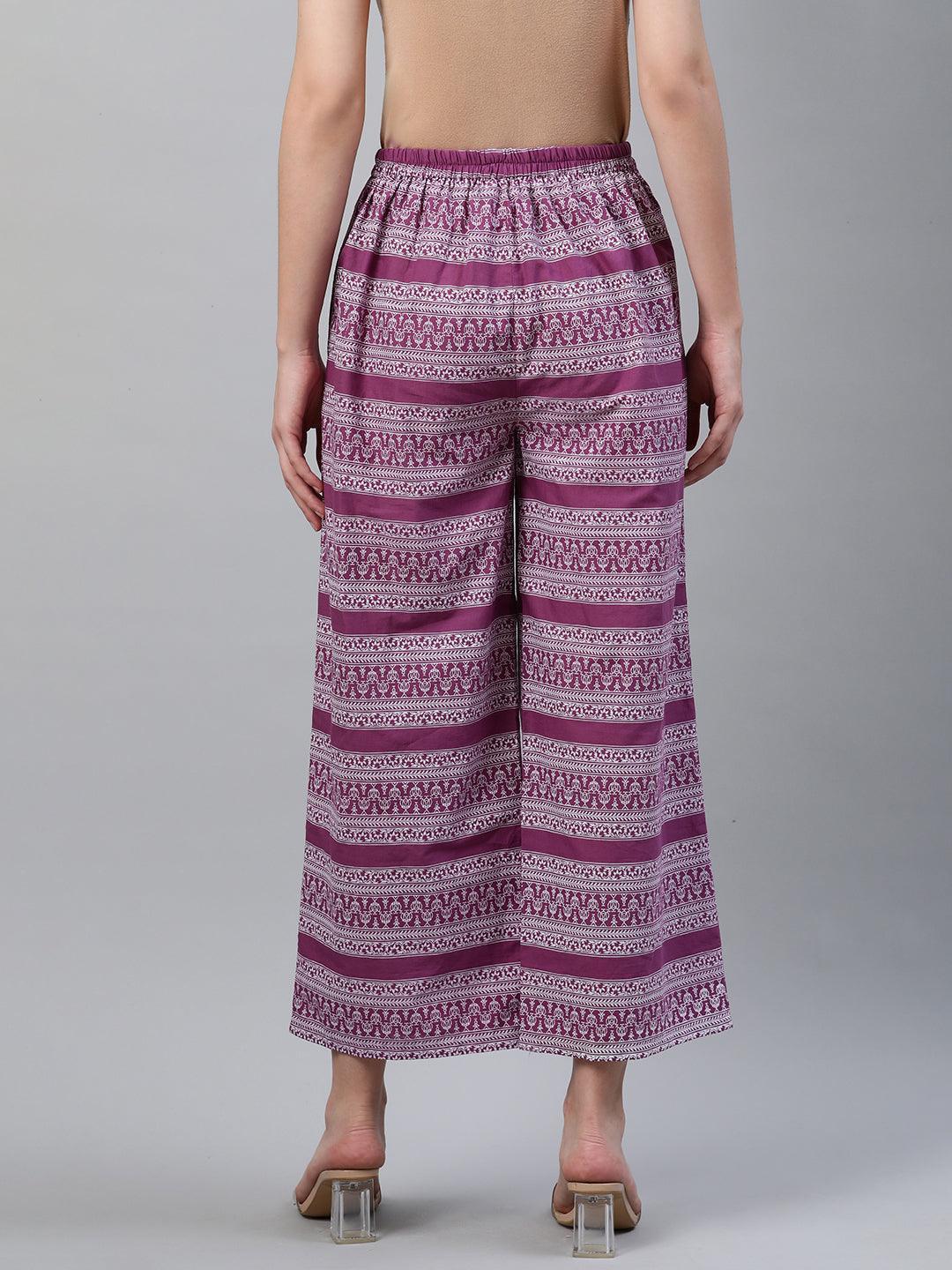 Purple Printed Cotton Palazzos - ShopLibas