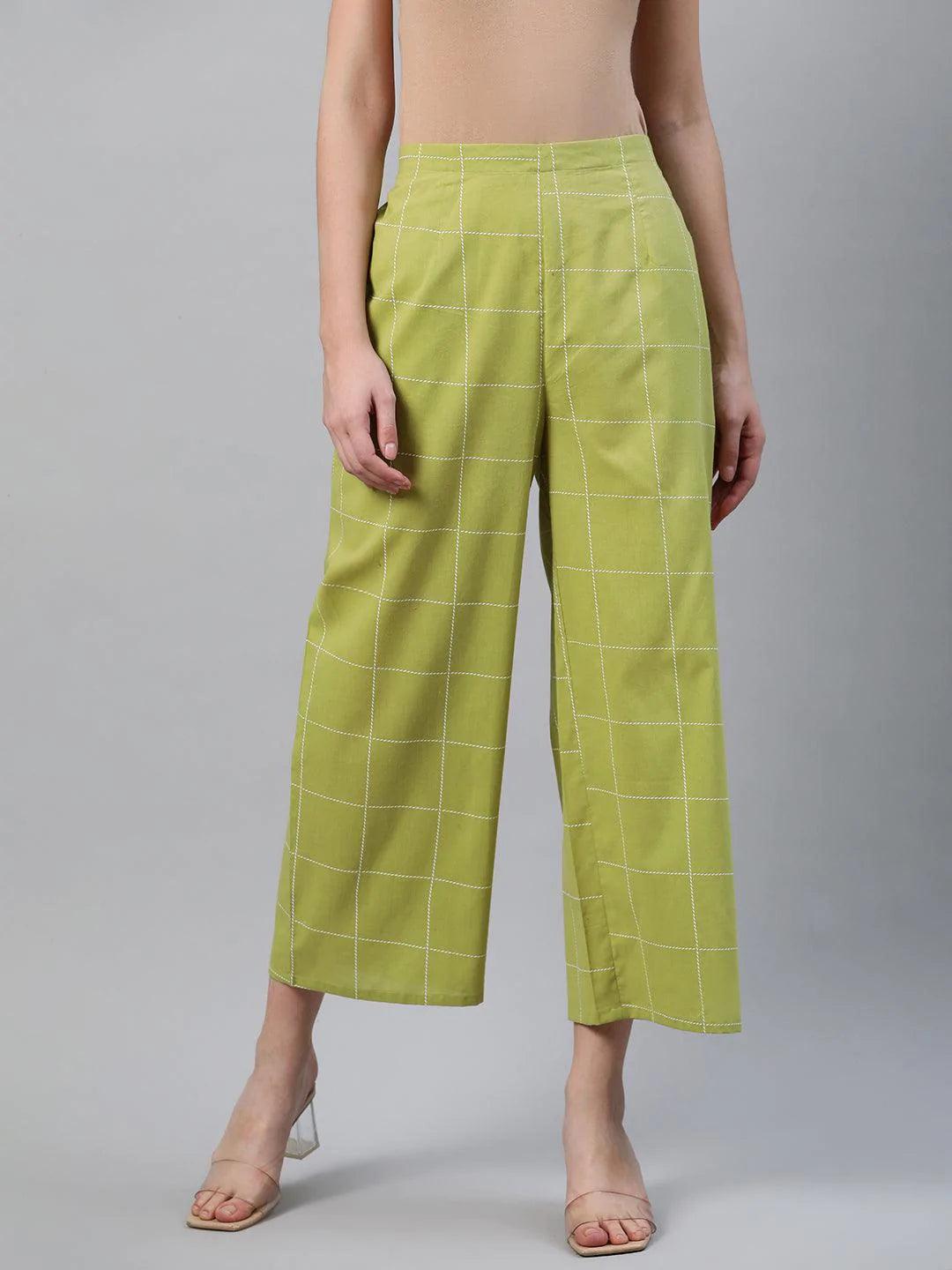 Green Checkered Cotton Palazzos - ShopLibas