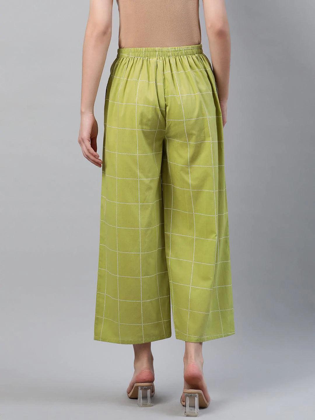 Green Checkered Cotton Palazzos - ShopLibas