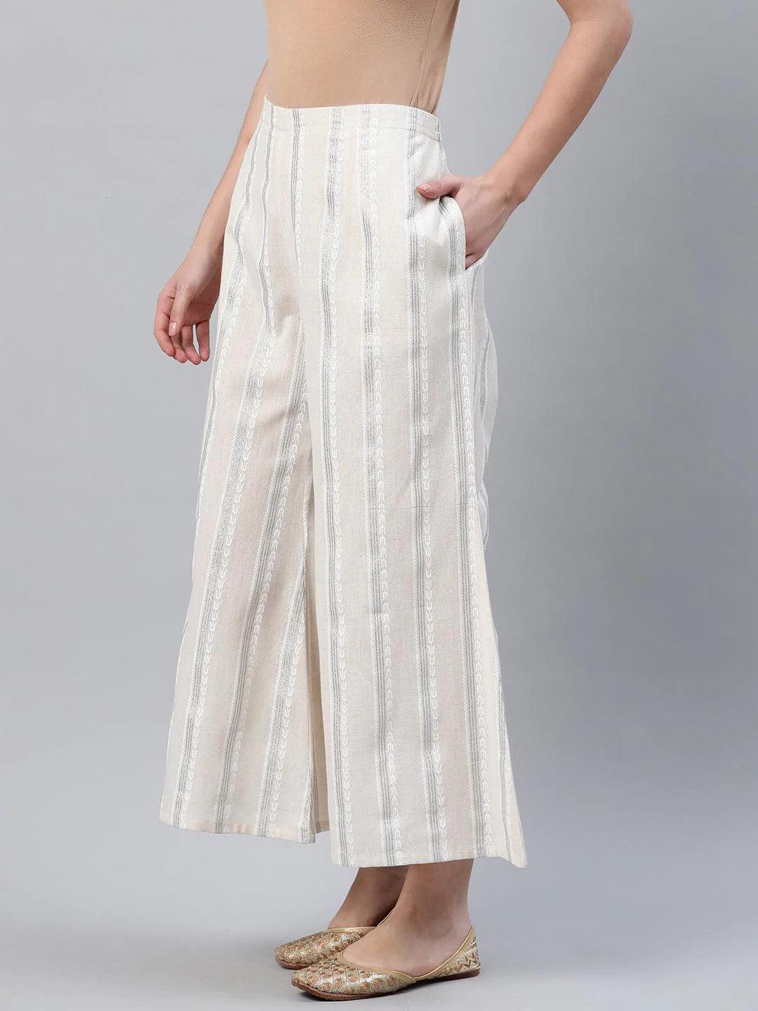 Cream Striped Cotton Palazzos - ShopLibas