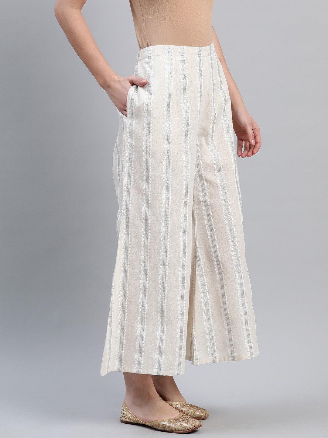 Cream Striped Cotton Palazzos - ShopLibas