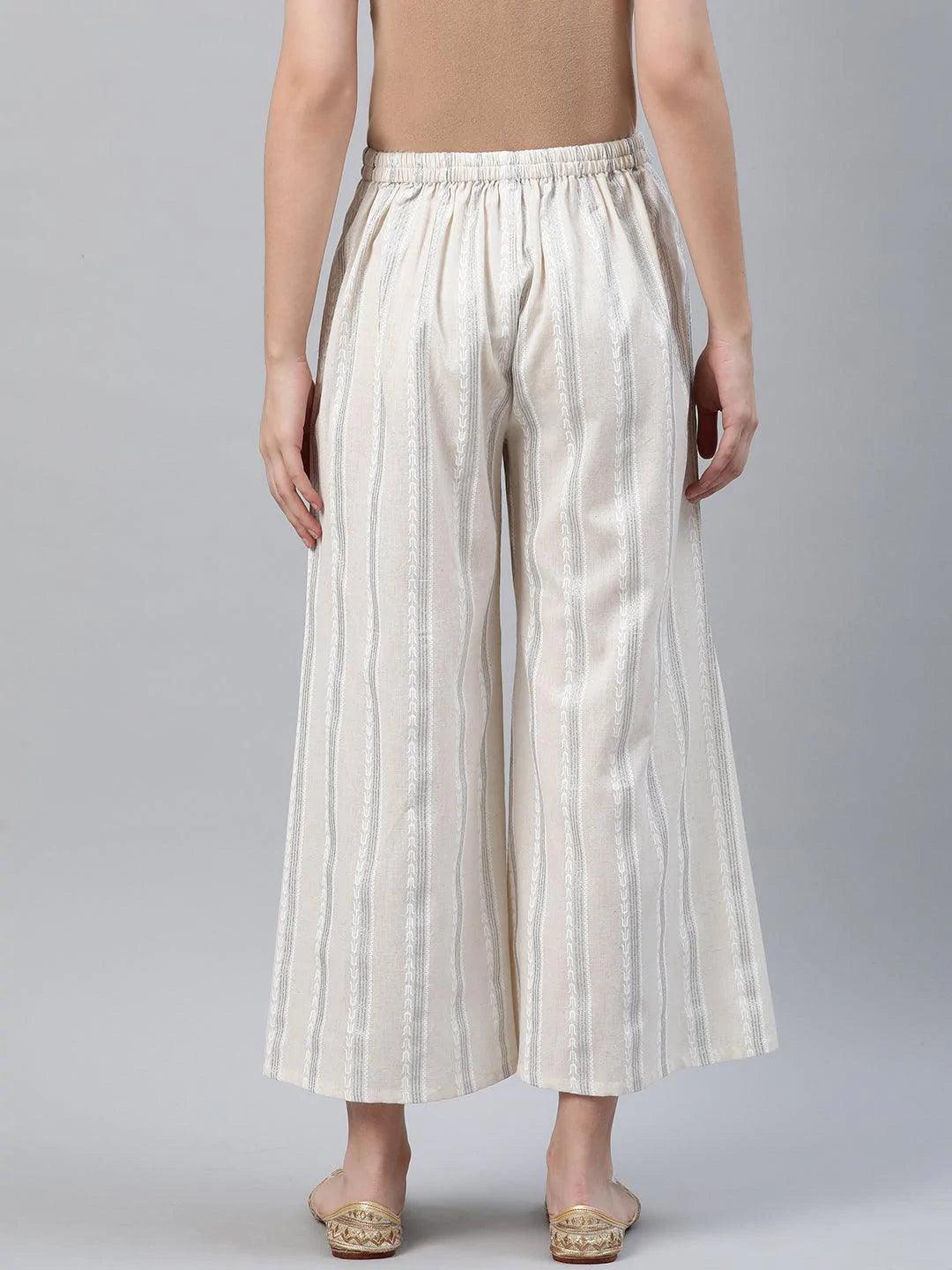 Cream Striped Cotton Palazzos - ShopLibas