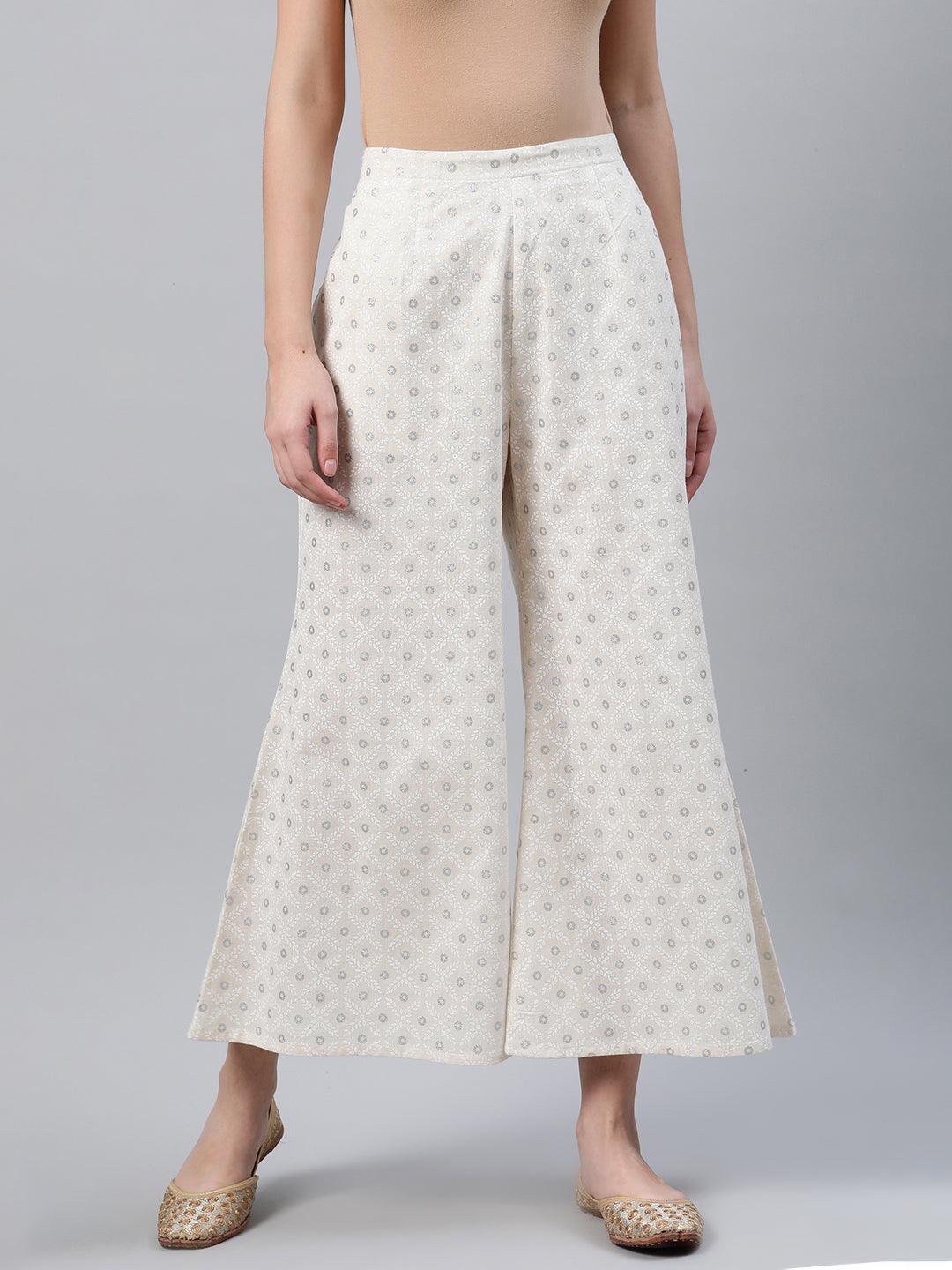 Cream Printed Cotton Palazzos - ShopLibas