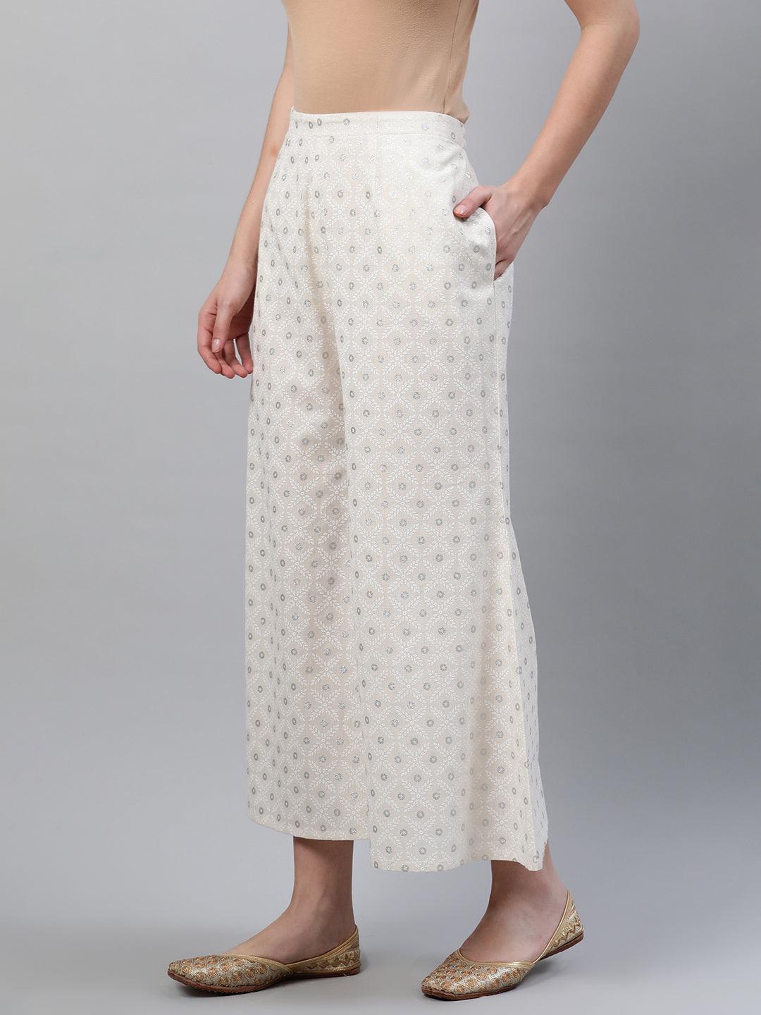 Cream Printed Cotton Palazzos - ShopLibas