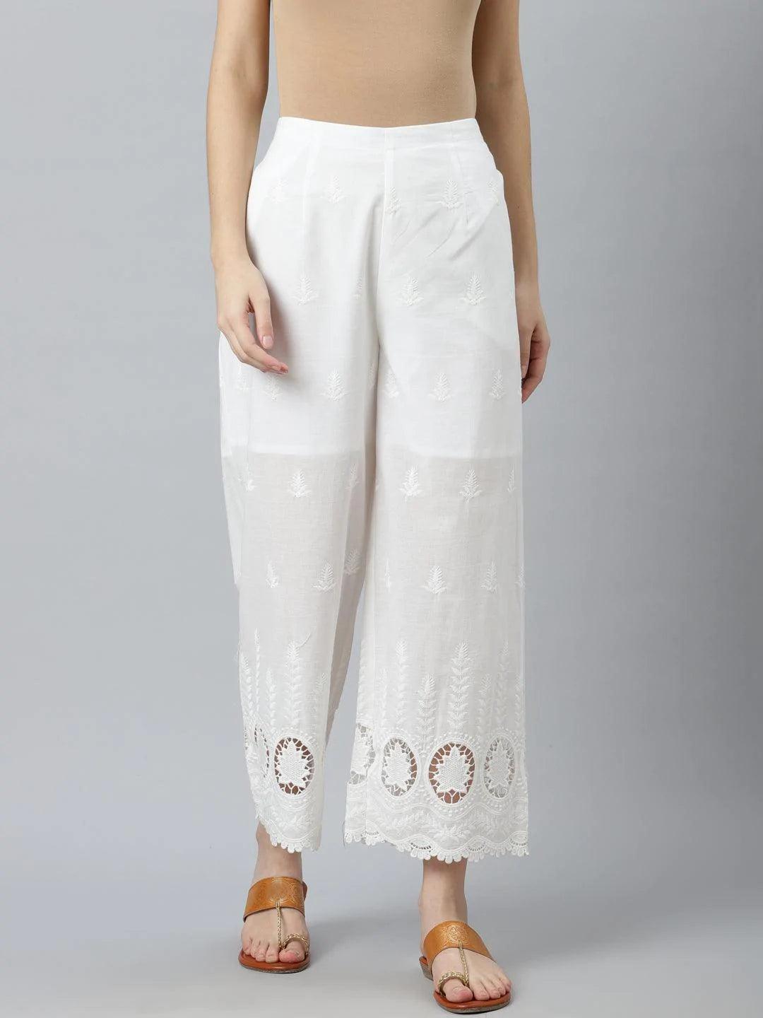 White Embroidered Cotton Palazzos - ShopLibas