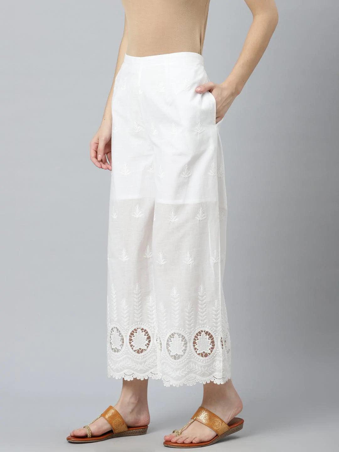 White Embroidered Cotton Palazzos - ShopLibas