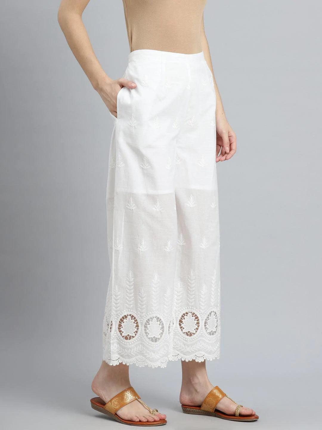 White Embroidered Cotton Palazzos - ShopLibas