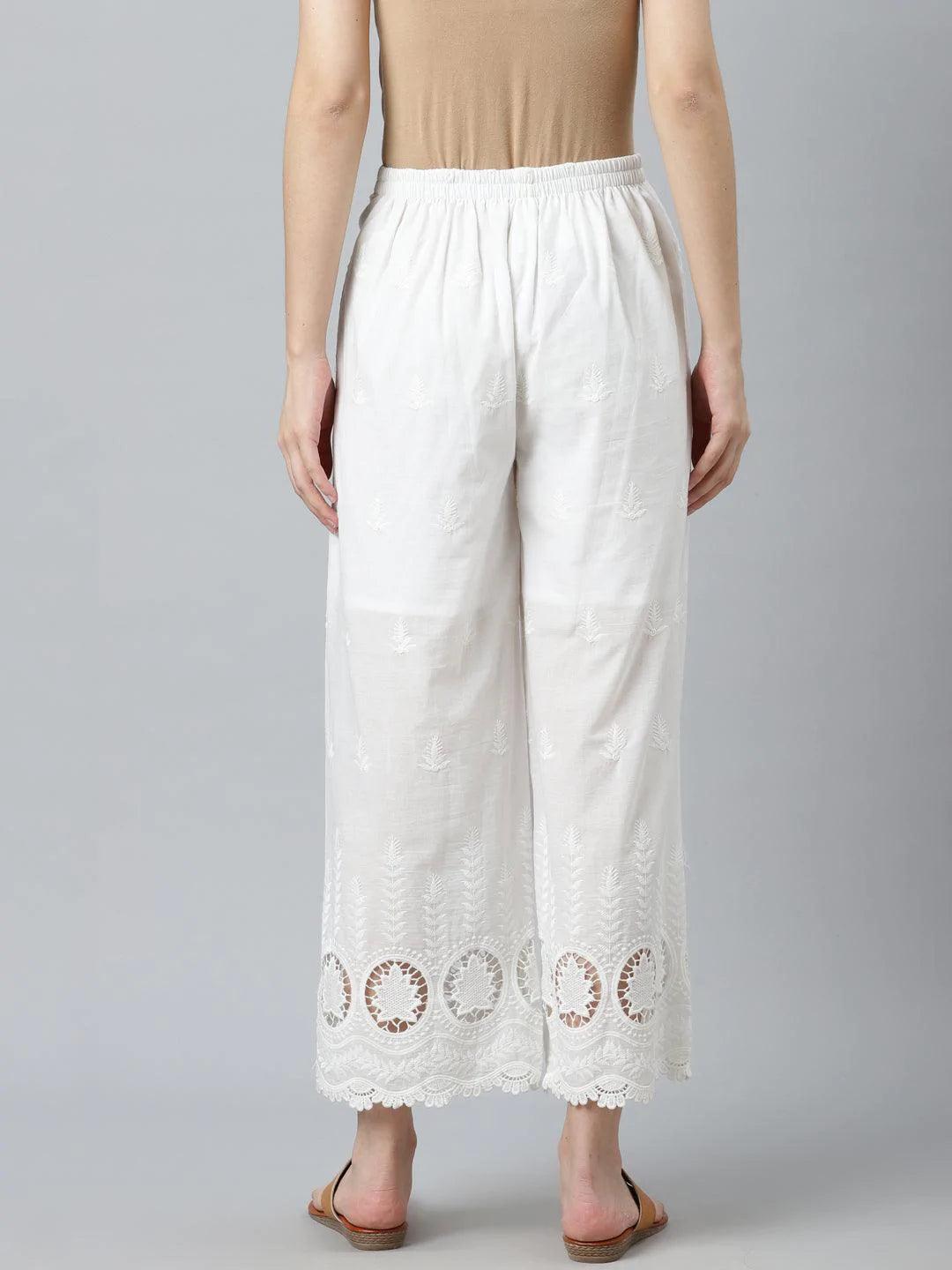 White Embroidered Cotton Palazzos - ShopLibas