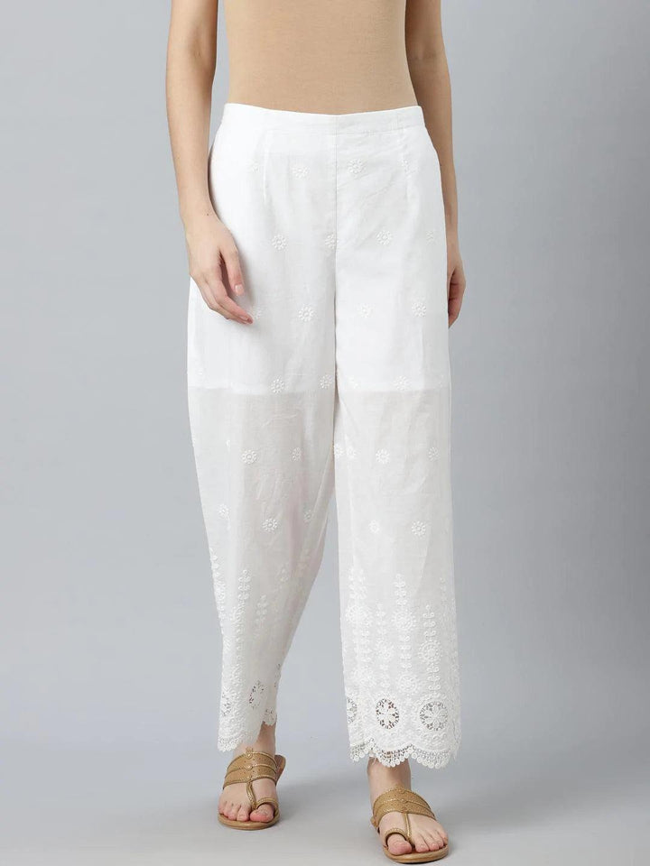 White Embroidered Cotton Palazzos - ShopLibas