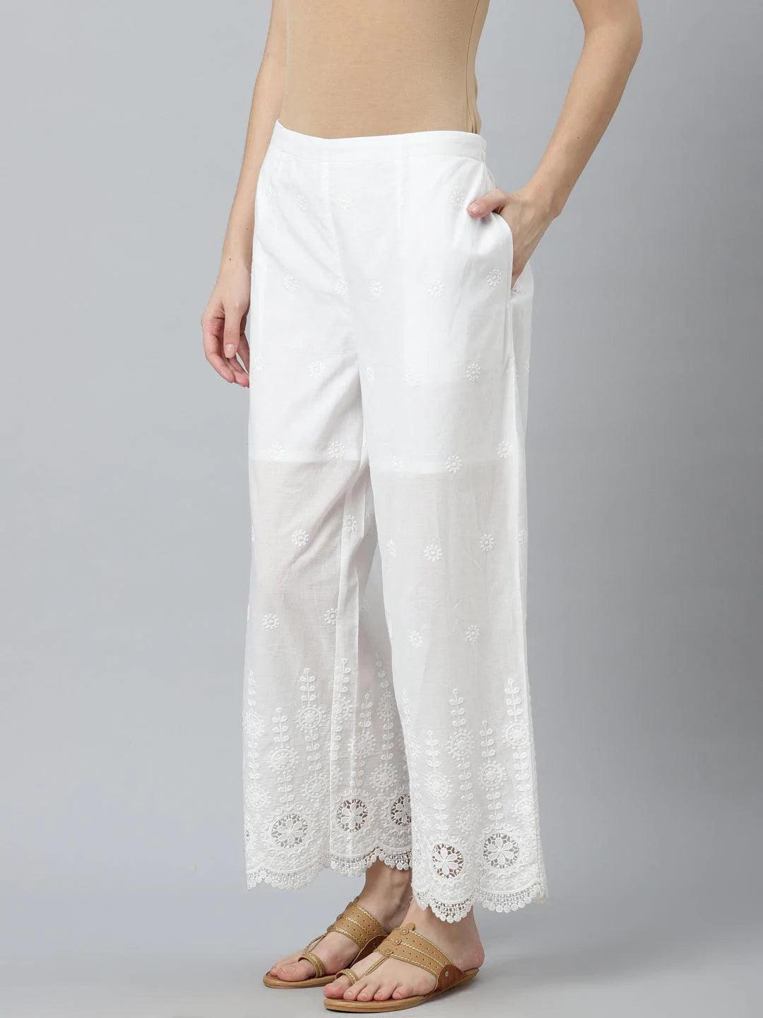 White Embroidered Cotton Palazzos - ShopLibas