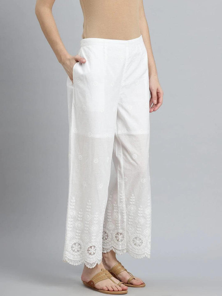 White Embroidered Cotton Palazzos - ShopLibas