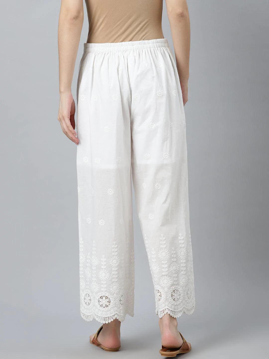 White Embroidered Cotton Palazzos - ShopLibas