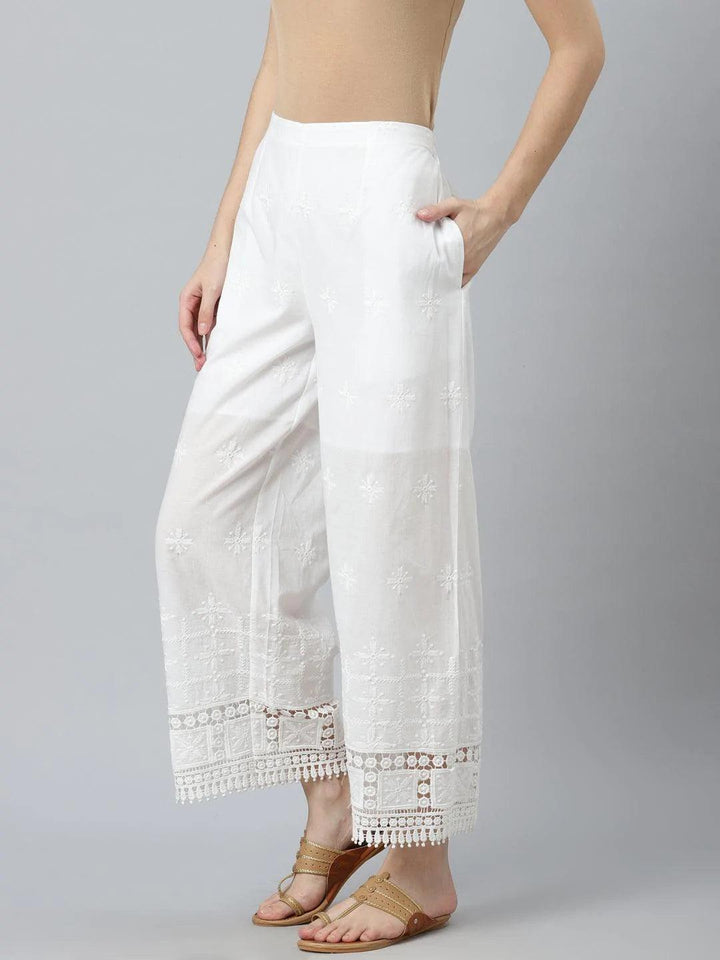 White Embroidered Cotton Palazzos - ShopLibas