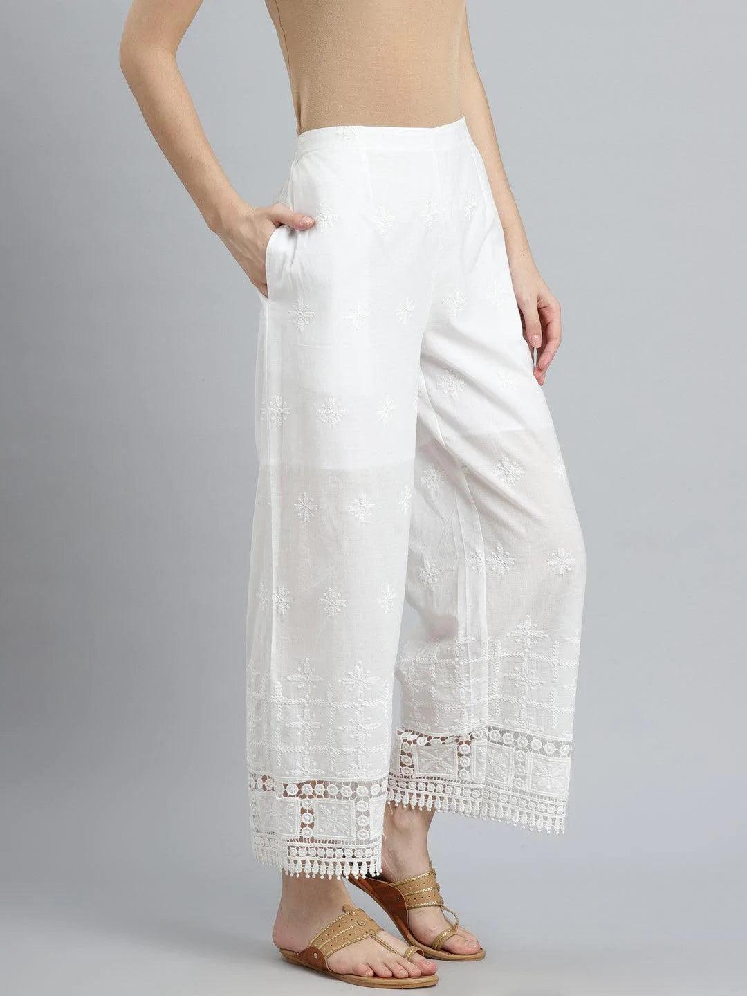 White Embroidered Cotton Palazzos - ShopLibas