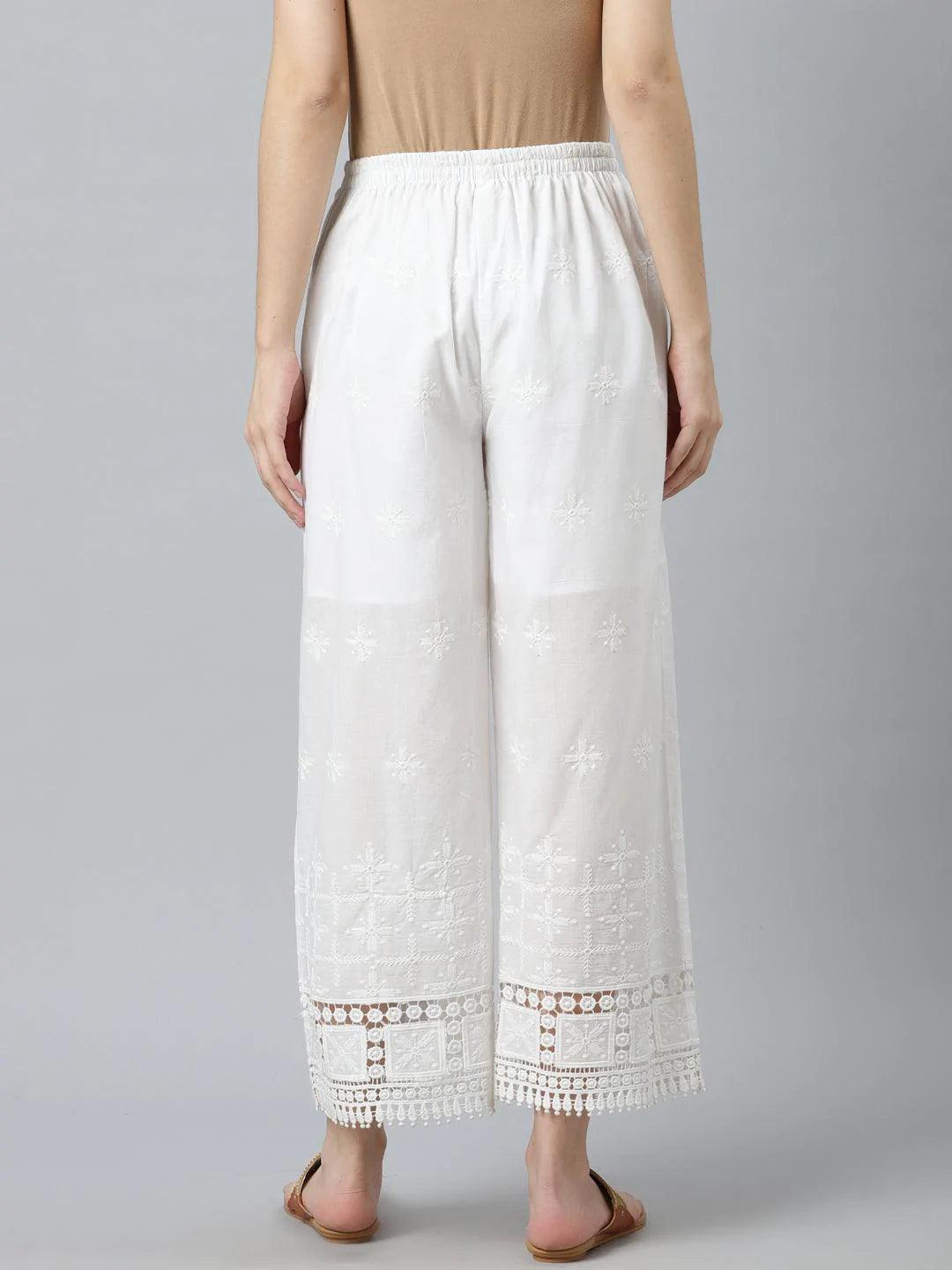 White Embroidered Cotton Palazzos - ShopLibas