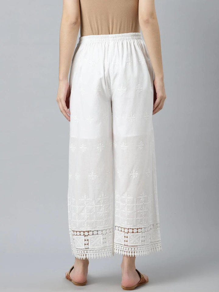 White Embroidered Cotton Palazzos - ShopLibas