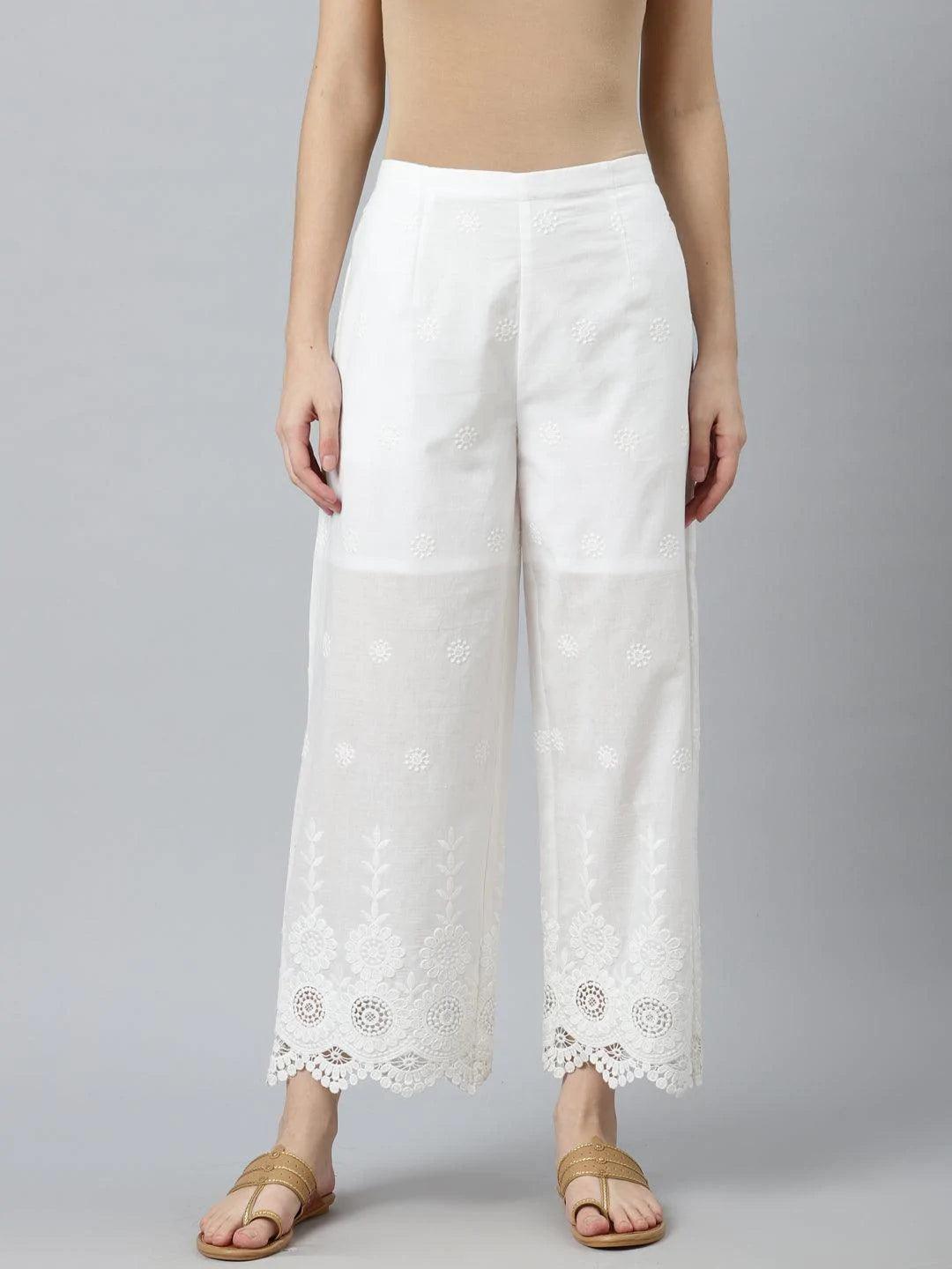 White Embroidered Cotton Palazzos - ShopLibas