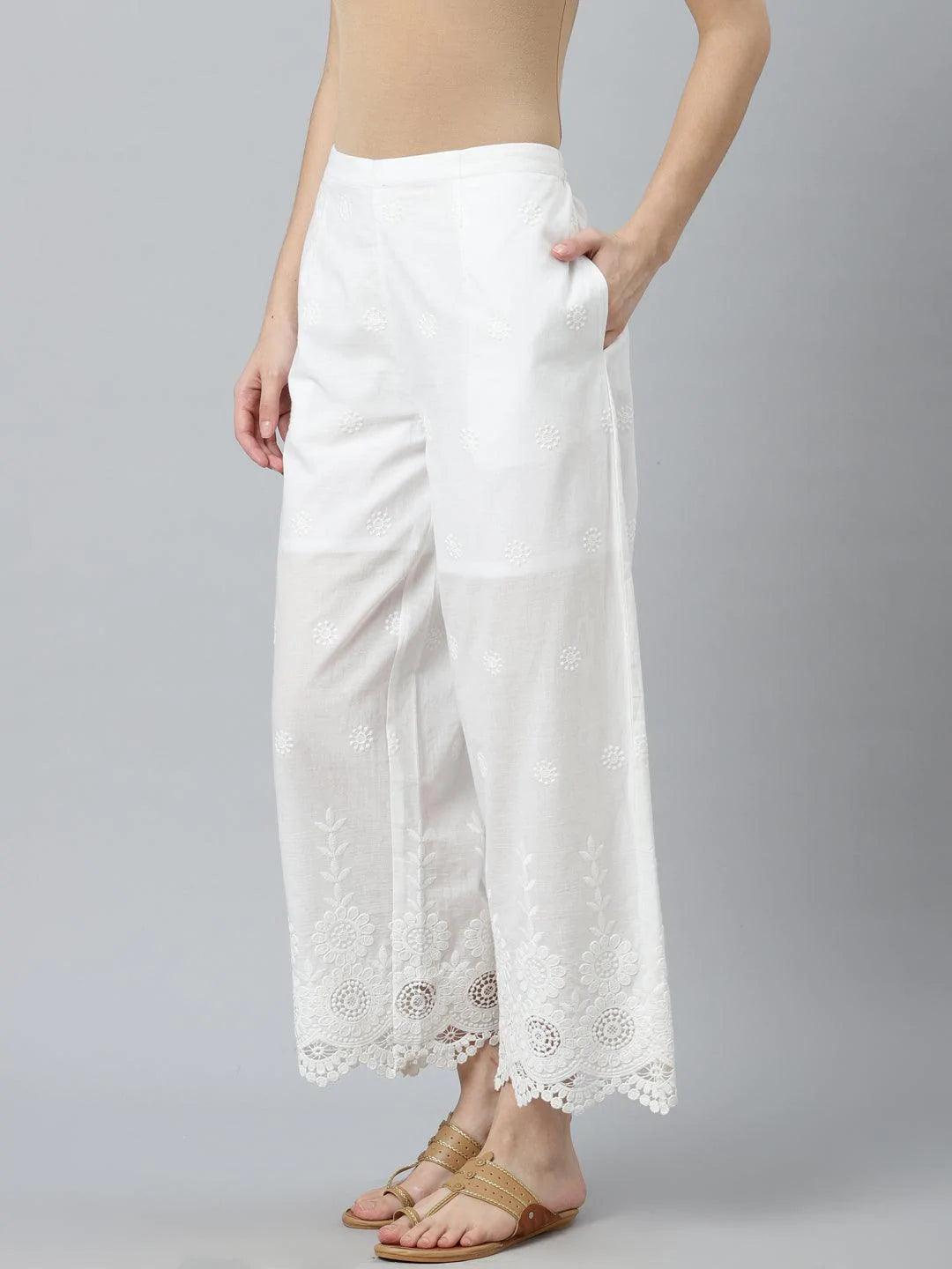 White Embroidered Cotton Palazzos - ShopLibas