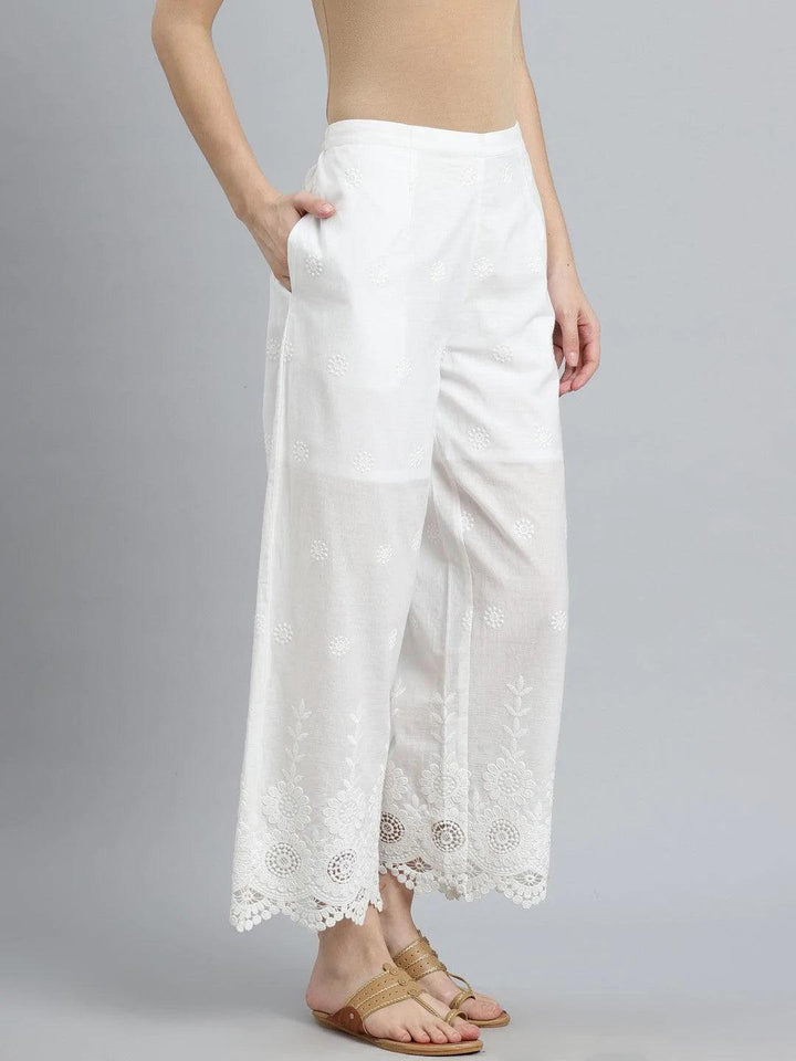 White Embroidered Cotton Palazzos - ShopLibas