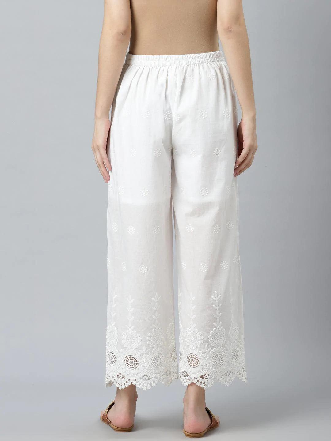 White Embroidered Cotton Palazzos - ShopLibas