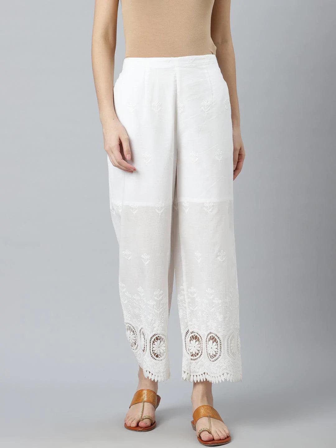 White Embroidered Cotton Palazzos - ShopLibas