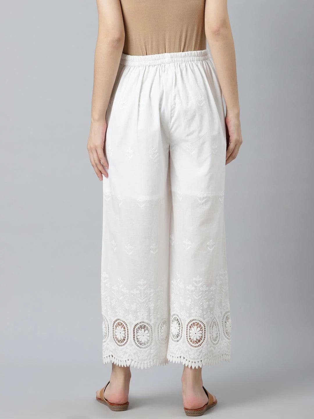 White Embroidered Cotton Palazzos - ShopLibas