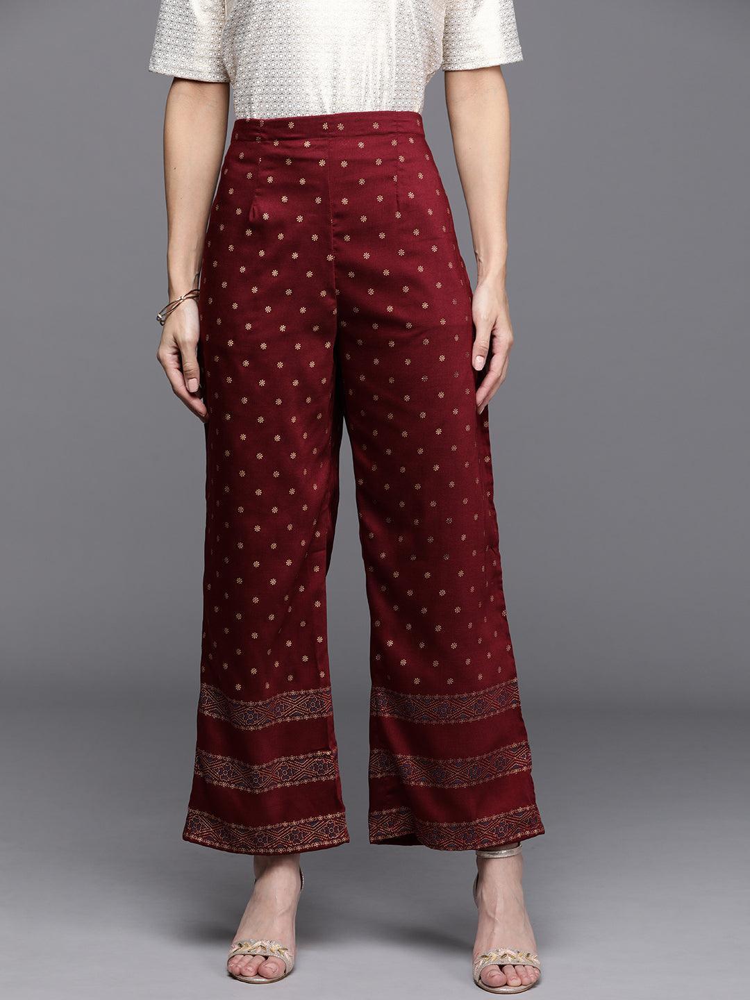 Maroon Printed Silk Palazzos - ShopLibas