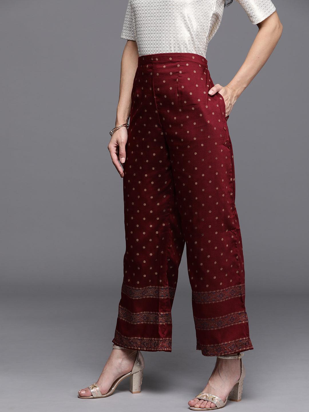 Maroon Printed Silk Palazzos - ShopLibas