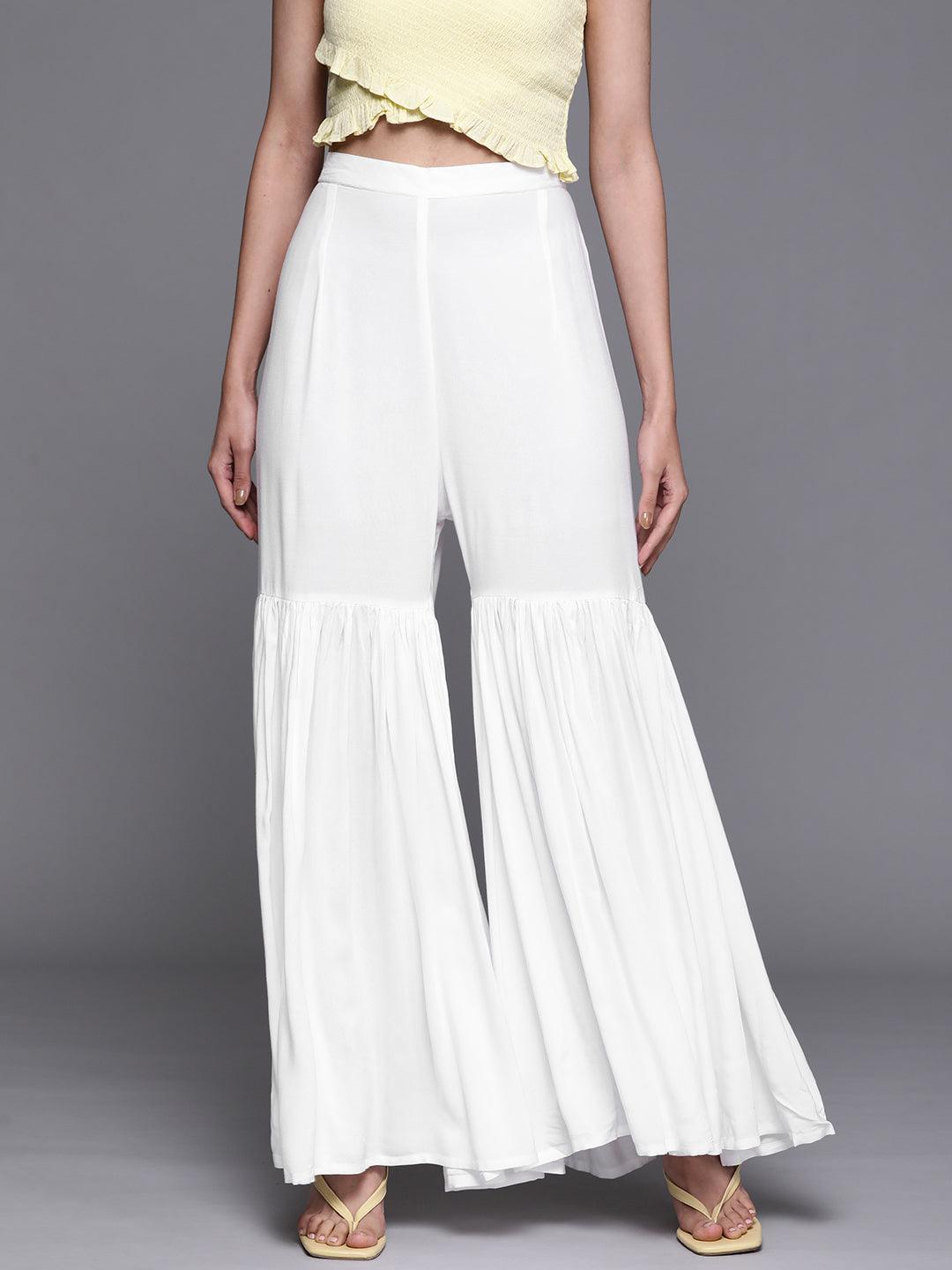 White Solid Rayon Sharara Pants - ShopLibas