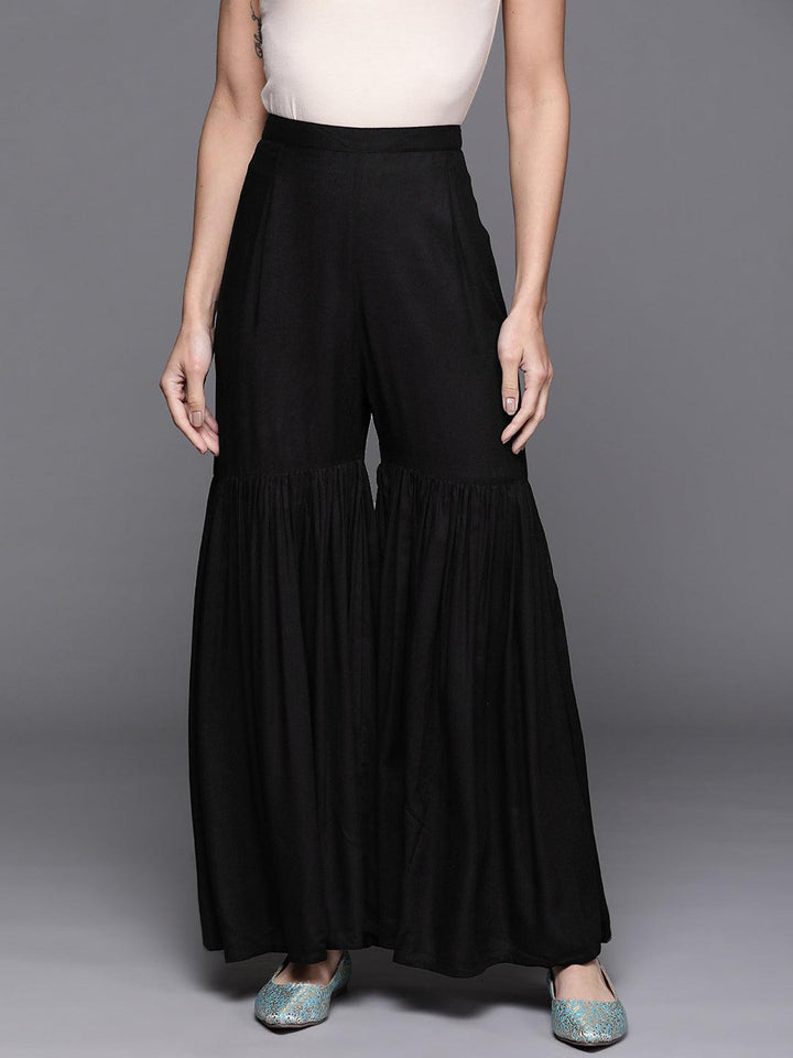 Black Solid Rayon Sharara Pants - ShopLibas