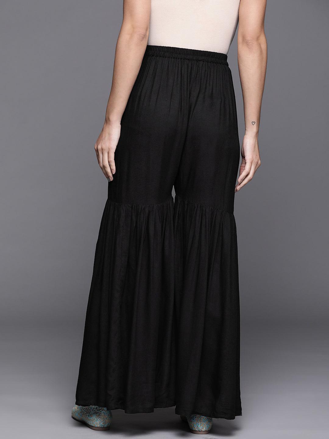 Black Solid Rayon Sharara Pants - ShopLibas