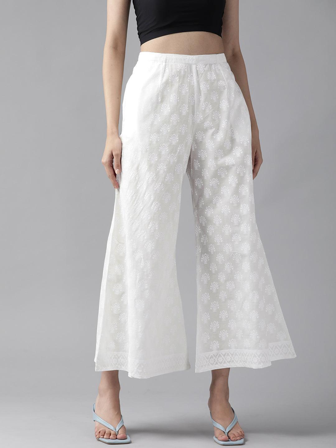 Cream Printed Cotton Palazzos