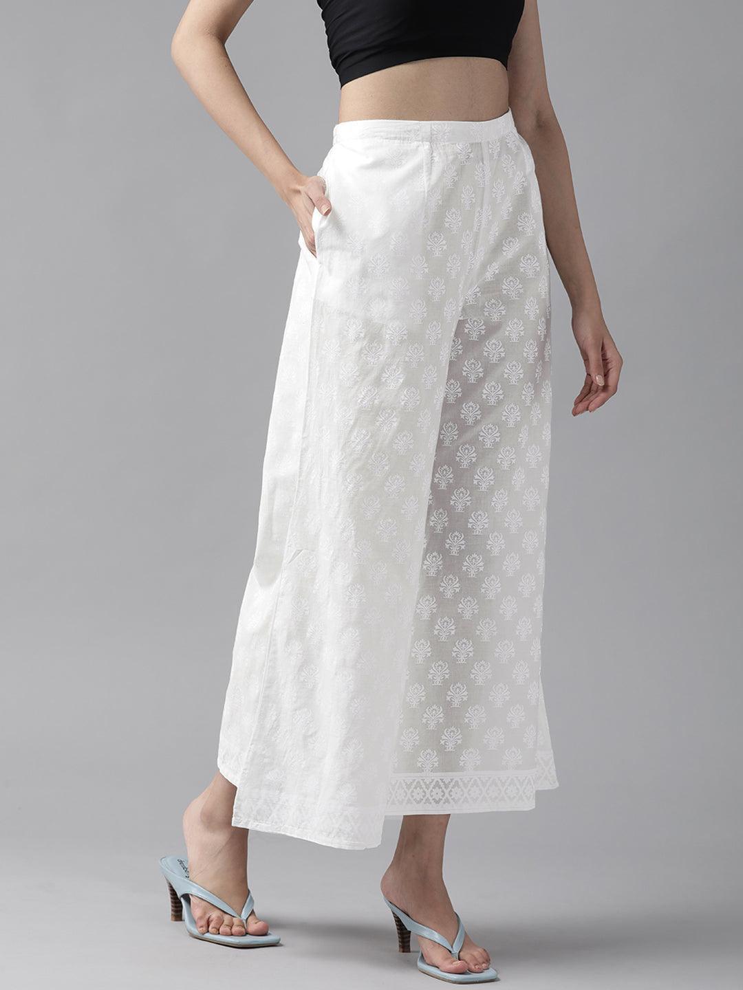 Cream Printed Cotton Palazzos